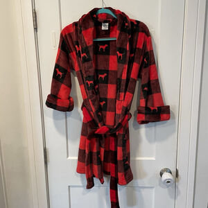 PINK VICTORIA'S SECRET ROBE Red Black Plaid Fleece Dogs Size M/L